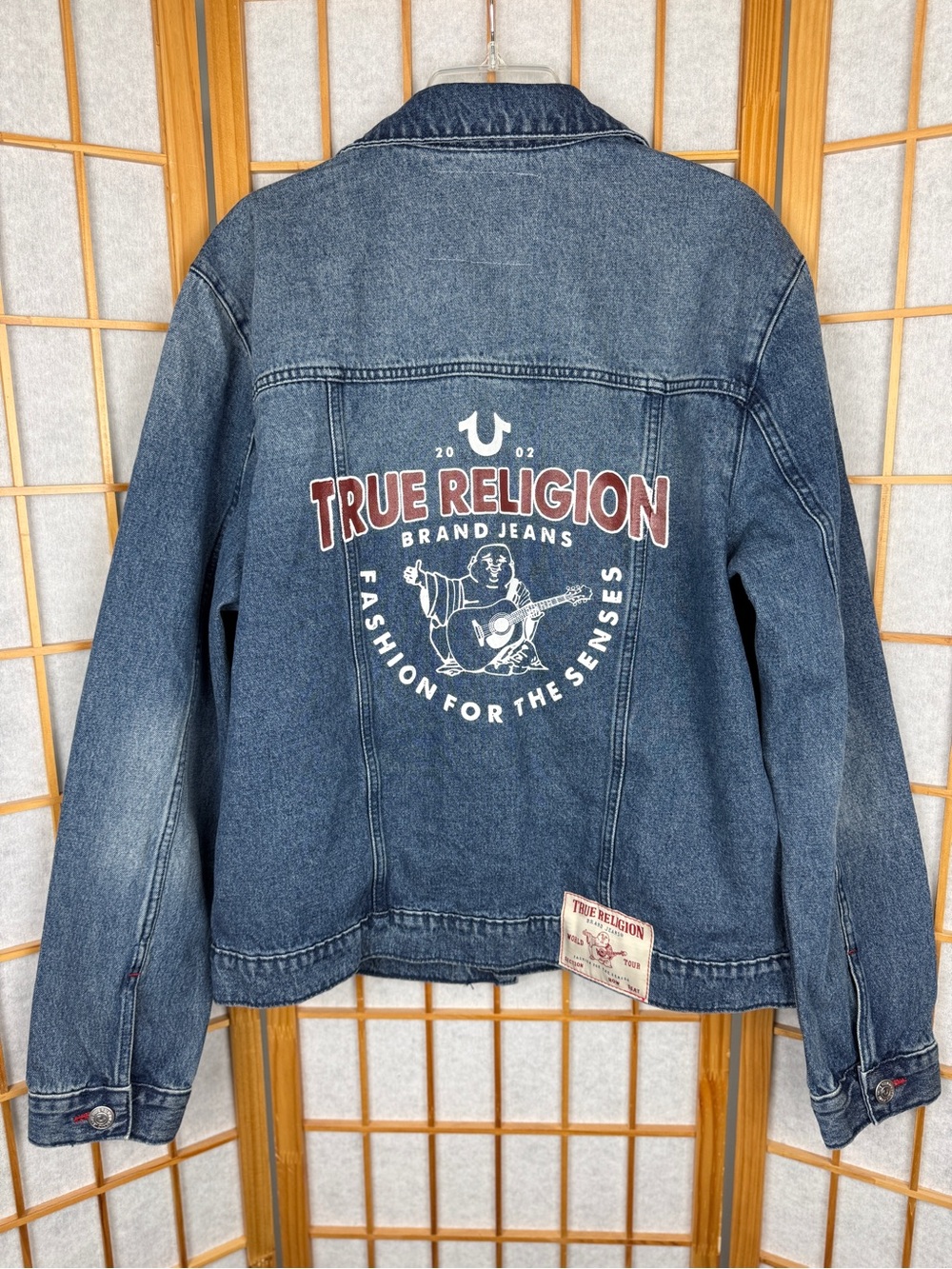 NWT True Religion Men's Denim Jacket Jim Trucker Red Stitching Back Graphic L
